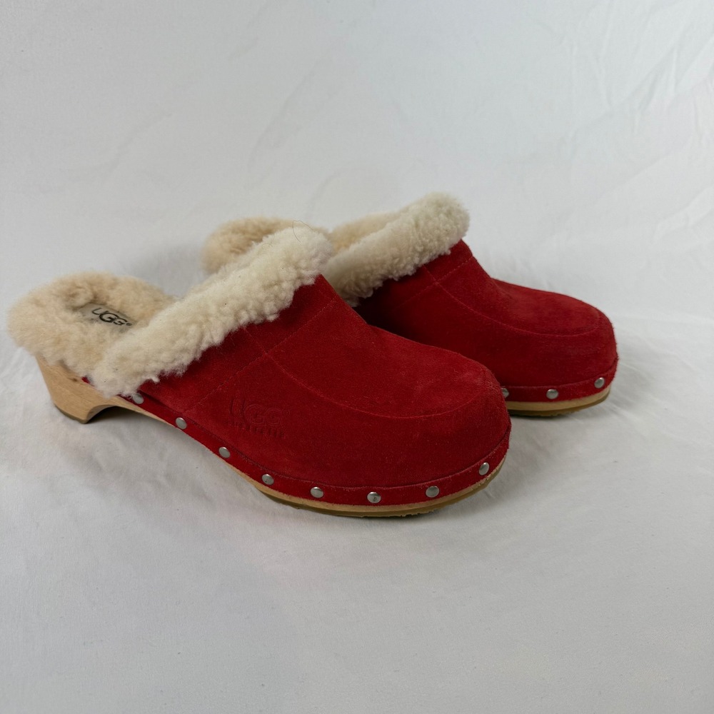 Vtg UGG Australia Kalie Red Suede Sheepskin Studded Wooden Clogs Mules Size 8